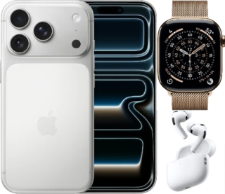 Bundle 1TB Apple iPhone 17 Pro Max New (Unlocked) Silver | White AirPods Pro 3 | Apple Watch Series 11 (GPS+Cellular) 42mm Titanium Case with Gold Milanese Loop