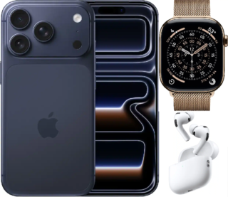 Bundle 1TB Apple iPhone 17 Pro Max New (Unlocked) Deep Blue | White AirPods Pro 3 | Apple Watch Series 11 (GPS+Cellular) 46mm Titanium Case with Gold Milanese Loop