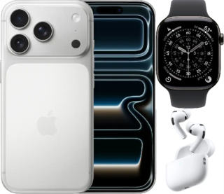Bundle 256GB Apple iPhone 17 Pro New (Unlocked) Silver | White AirPods Pro 3 | Apple Watch Series 11 (GPS+Cellular) 42mm Titanium Case with Gold Milanese Loop